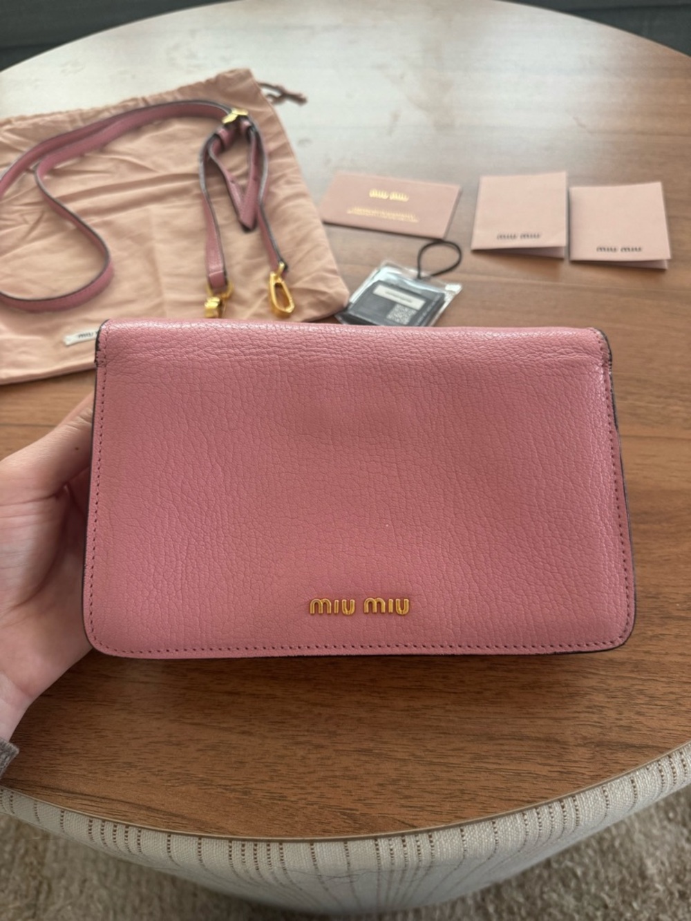 Miu Miu Madras Leather Push Lock Flap Crossbody Bag Pink Gold Hardware Small - Picture 6 of 14